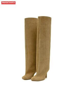 Faux Suede Knee High Stiletto Boots Square Toe Pull On Wide Calf